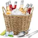 5 Quart Ice Bucket with Wicker Outer Basket, Scoop, Tong and Handle, Beverage Tub Grass Rope Woven Farmhouse Galvanized Bucket for Party Seaside Bar Buffet Wine Beer Bottle (10.83 x 10.83 x 7.48 inches)