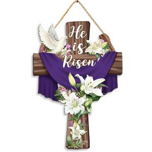 Easter Door Sign He Is Risen Hanging Decor, Religious Gifts For Women, Men, Religious Cross Sign Easter Wreaths for Front Door, Christian Flowers Lent Hanging Hanger for Farmhouse Front Porch Pack of 3