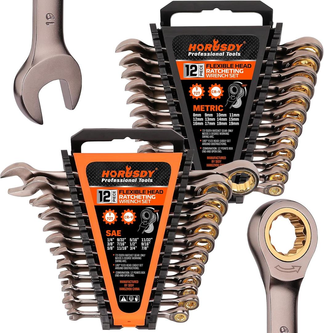 HORUSDY 24-Piece Ratcheting Wrench Set | Metric and SAE | Ratchet Combination Wrenches Set with Organizer | 72-Teeth | Chrome Vanadium Steel | 8-19 mm & 1/4 to 7/8
