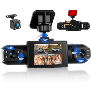 Dash Cam Front and Rear, 1080P Dash Camera for Cars, 4 Channel Car Camera Front Rear and Inside with Loop Recording, Night Vision, HDR, 24Hr Parking, G-Sensor, Night Vision