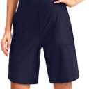 Viodia Women's 9" Long Swim Board Shorts with Pockets High Waisted Beach Swimsuits Knee Length Short for Women with Liner (Large, Navy)