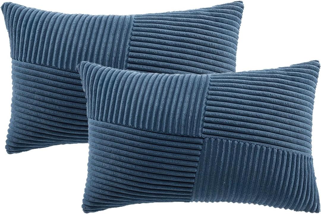 Fancy Homi Set of 2 Dusty Blue Boho Lumbar Rectangle Decorative Throw Pillow Covers 12x20 Inch with Diagonally Pattern for Couch Bed Sofa, Soft Corduroy Accent Modern Farmhouse Home Decor 30x50 cm