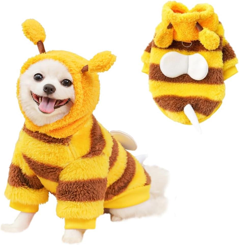ANIAC Fleece Dog Hoodies with D-Ring Autumn Winter Puppy Clothes for Small Dogs Bumblebee Cat Apparel Cold Weather Coat Funny Dog Bee Costume for Christmas Halloween (Yellow, X-Small)