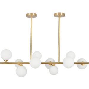 BOKT Modern Gold Globe Sputnik Chandelier Mid Century Brass Linear 10-Lights Frosted White Glass Ball Pendant Light Ceiling Lamp Dining Fixture Over Table (BP1119)