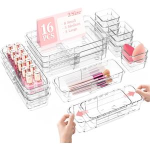 DILIBRA 16 Pcs Clear Extendable Drawer Organizer, Adjustable Drawer Storage 3-Size Desk Drawer Organizer, Plastic Non-Slip Storage Bins for Makeup, Cosmetic, Jewelries, Utensils, Stationery, Dressers