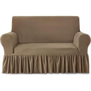 NICEEC Loveseat Cover Thick Plush 1-Piece Warm Khaki Slipcover for Loveseats Stretch Fluffy Couch Covers for Living Room Easy Fit Washable Soft Furniture Sofa Protector with Skirt (Medium)
