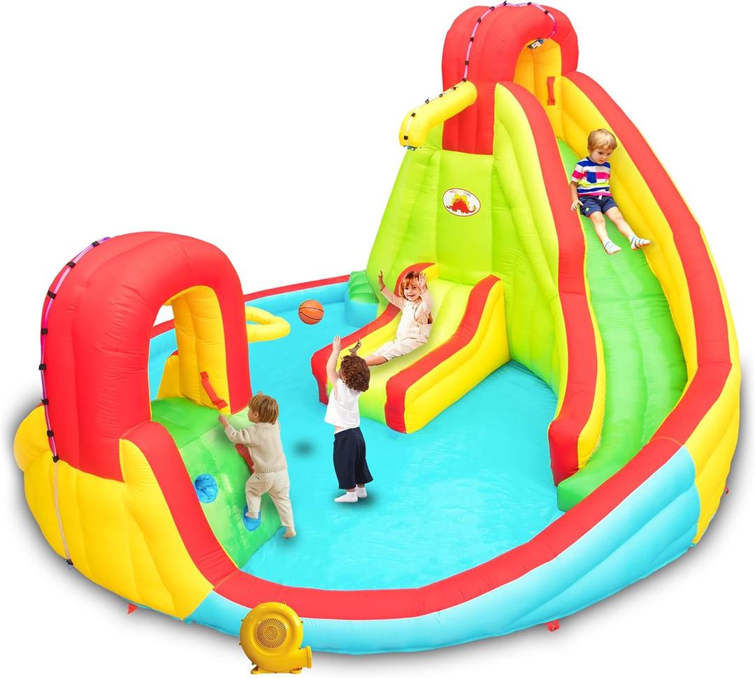 Heavy Inflatable Water Slide Park, Double Slide Climbing Wall Fountain for Outdoors, Equipped with Air Blower