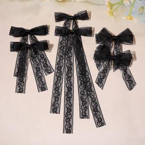 Hair Clip Bows for Women and Girls, 6Pcs Black Lace Tulle Bows with Long Tail Ribbon, Metal Bow Hair Clips, Bowknots Tassel Hair Barrettes