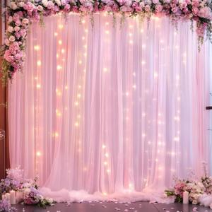 10ft x 10ft Pink Tulle Photo Backdrop Curtain with Lights String for Parties Wedding Sheer Baby Pink Curtain Backdrop for Birthday Party Baby Shower Photo Booth Photography Background Decorations