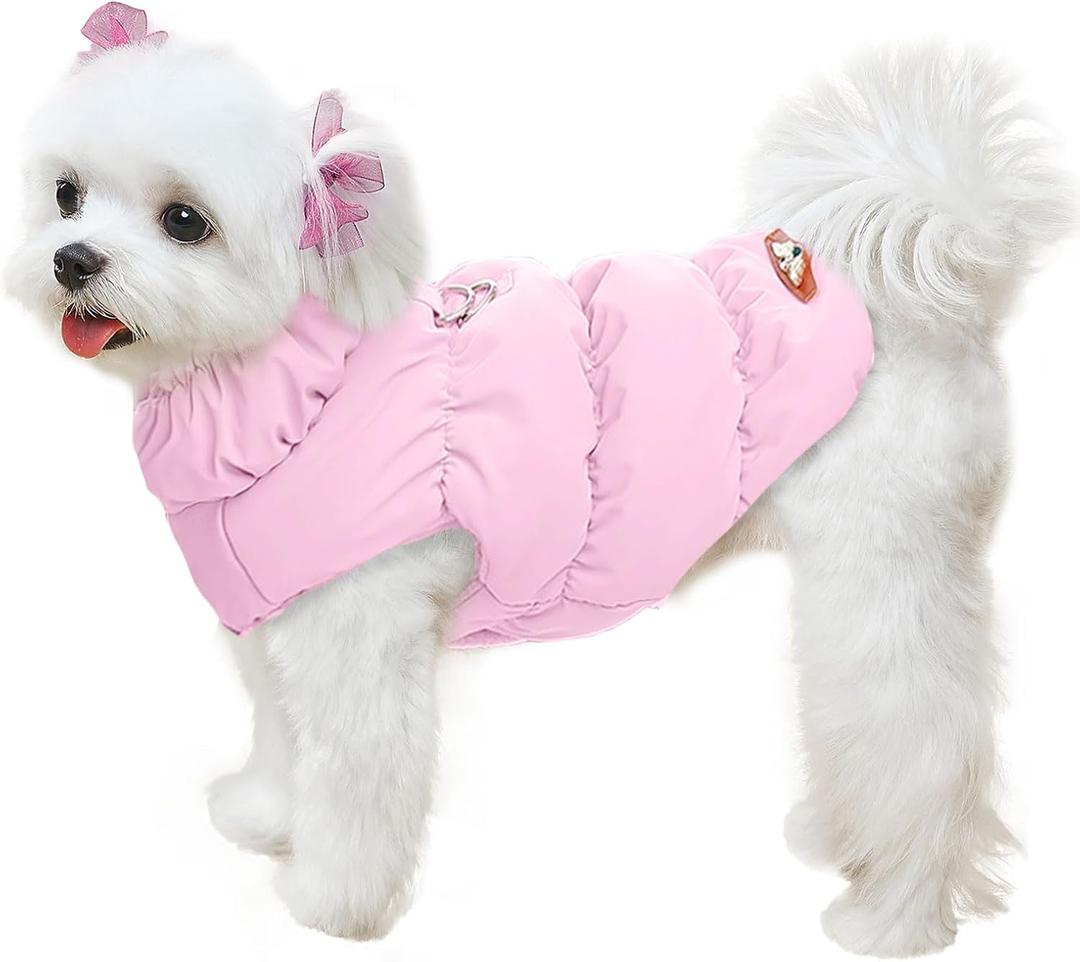 ABRRLO Winter Warm Dog Jacket for Small  Dogs Cat Cold Weather Coats with Harness Paded Dogs Fleece Vest Waterproof Windproof Dog Snow Jacket Pet Puppy Clothes (Pink,S)