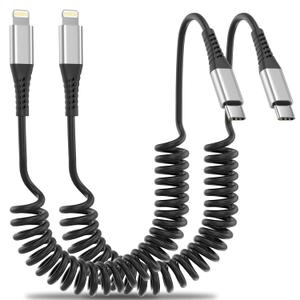 Coiled USB C to Lightning Cable for Car 2 Pack, 3FT Apple Carplay Cable, Short Retractable iPhone Charger Fast Charging Cord for iPhone 14 13 12 11 Pro Max Xs X Xr 8/Airpods