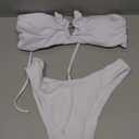 ZAFUL Women's Strapless Ribbed V Wired Lace Up Ruffle Tie High Cut Bandeau Swimsuits Bikini Set (Large, 0-white)