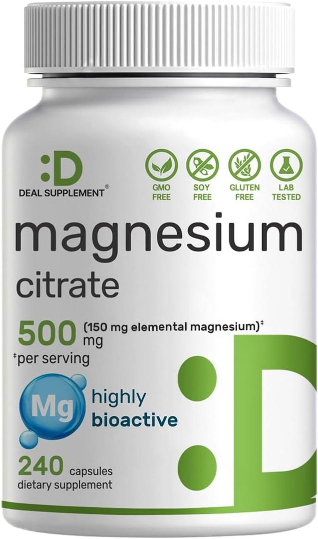 Deal Supplement Magnesium Citrate 500mg, 240 Capsules | One a Day, Easily Absorbed, Purified Trace Mineral – Non-GMO