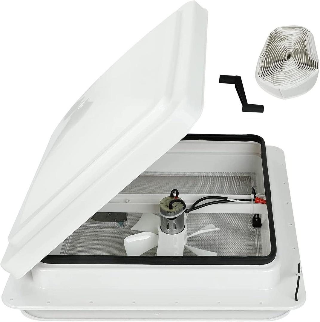 14" RV Roof Vent for Camper Trailer Universal White Lid Roof Vent with 12V RV Vent Fan 6" Blades White lid Inner for Garnish Ring