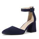 IDIFU Navy Blue Suede Women's Pumps - Closed Toe Chunky Block Low Heels Dress Shoes for Women - Wedding, Prom, Bridal, Work, Office - Formal Shoes - Pointed Toe - Small, Short Thick Heels (7.5)