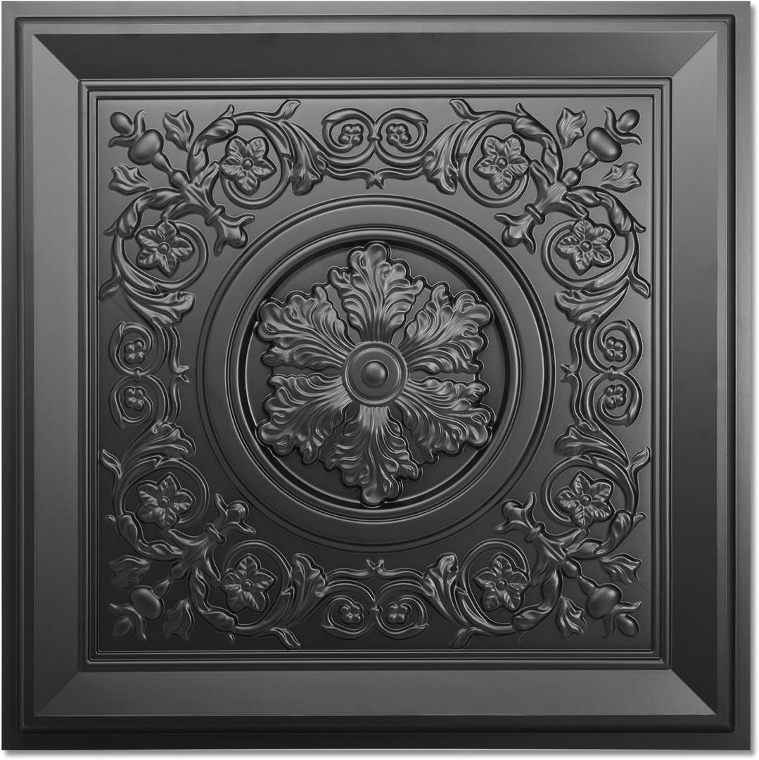 WOWSTAR 24-Pack 24"x24" Drop Ceiling Tiles, Waterproof Glue Up Vintage Style 3D Ceiling Tiles, Black, Wall Art