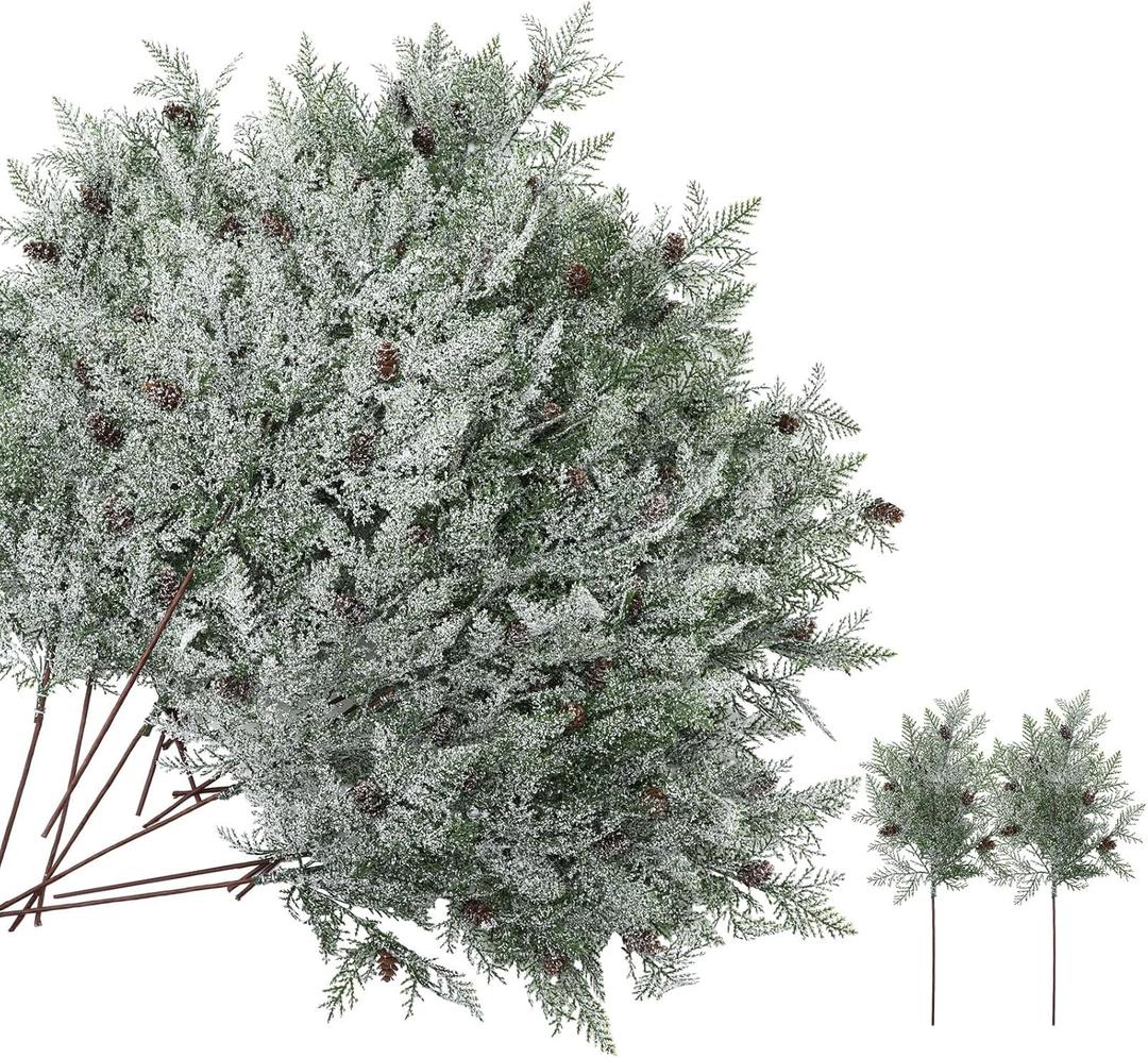 Giegxin 24 Pcs 18 Inch Large Christmas Snowy Artificial Cedar Picks with Pine Cones Frosted Pine Branches Faux Christmas Tree Picks and Sprays Fake Greenery Stems for Wreath Floral Crafts Home Decor