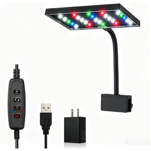 Carefree Fish Aquarium LED Light USB 5V1A RGBW 5730 Timmer 1~10Gal Fish Tank Clip Light 10 Brightness Levels 8W with USB Port (Include UL Certification Power Adapter)