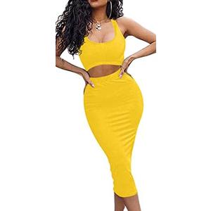 GOBLES Women's Sexy Summer Outfits Bodycon Tank Top Midi Skirt 2 Piece Dress L