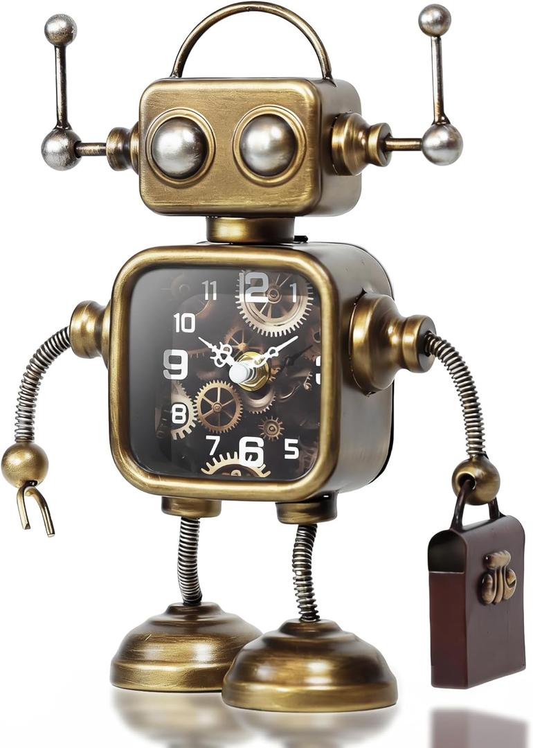 AYRELY Industrial Steampunk Robot Table Clock,Battery Operated Handcrafted Metal Desk&Shelf Clock,Retro Mechanical Decorative Clock for Home,Living Room,Fireplace Decor