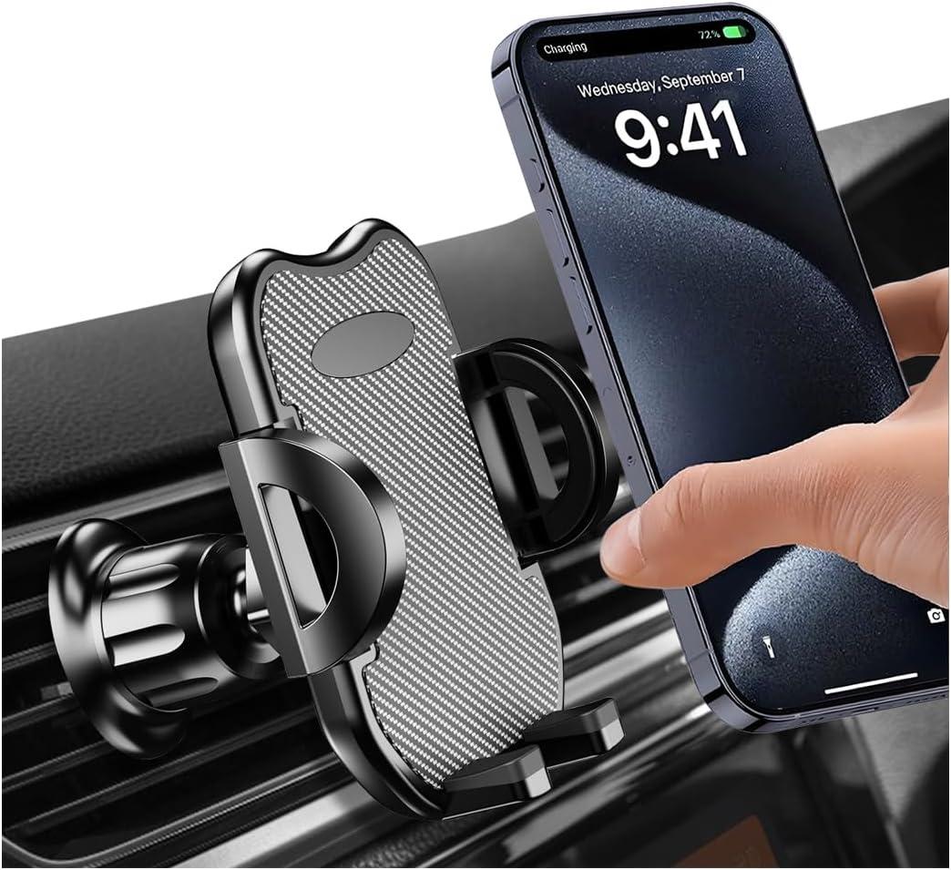 Car Vent Phone Holder, 360 Rotation Hands Free Cellphone Air Vent Cradle with Metal Hook Clip, Automotive Interior Smartphone Mount, Universal for SUV, Truck, RV (Carbon Fibre)