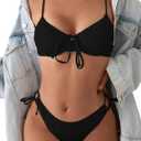SweatyRocks Women's Ribbed High Cut Bikini Set Bow Tie Side String 2 Piece Swimsuit Bathing Suit (Small, Black)