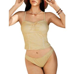 ZAFUL 2026 Tankini Swimsuits for Women Mesh Hollow-Out Tank Style Bow Knotted Decor Tie Side High Cut Tankini Set (S)