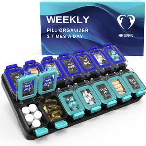 Extra Large Weekly Pill Organizer 2 Times A Day - Airtight Pill Box 7 Day - Am Pm Vitamin Case - Medicine Container Two Week Supplement Holder Daily Medication Storage Twice Med XL Green/Blue