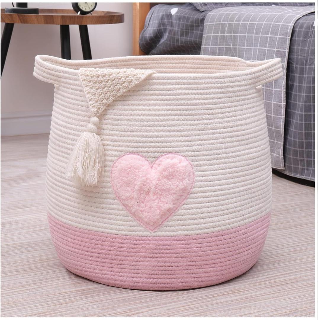 Large Cotton Rope Basket, Woven Storage Basket for Toy, Laundry and Blanket Organizer Basket, Round Hamper Basket with Handles for Kid's Room 17.7"x16.9" (pink)