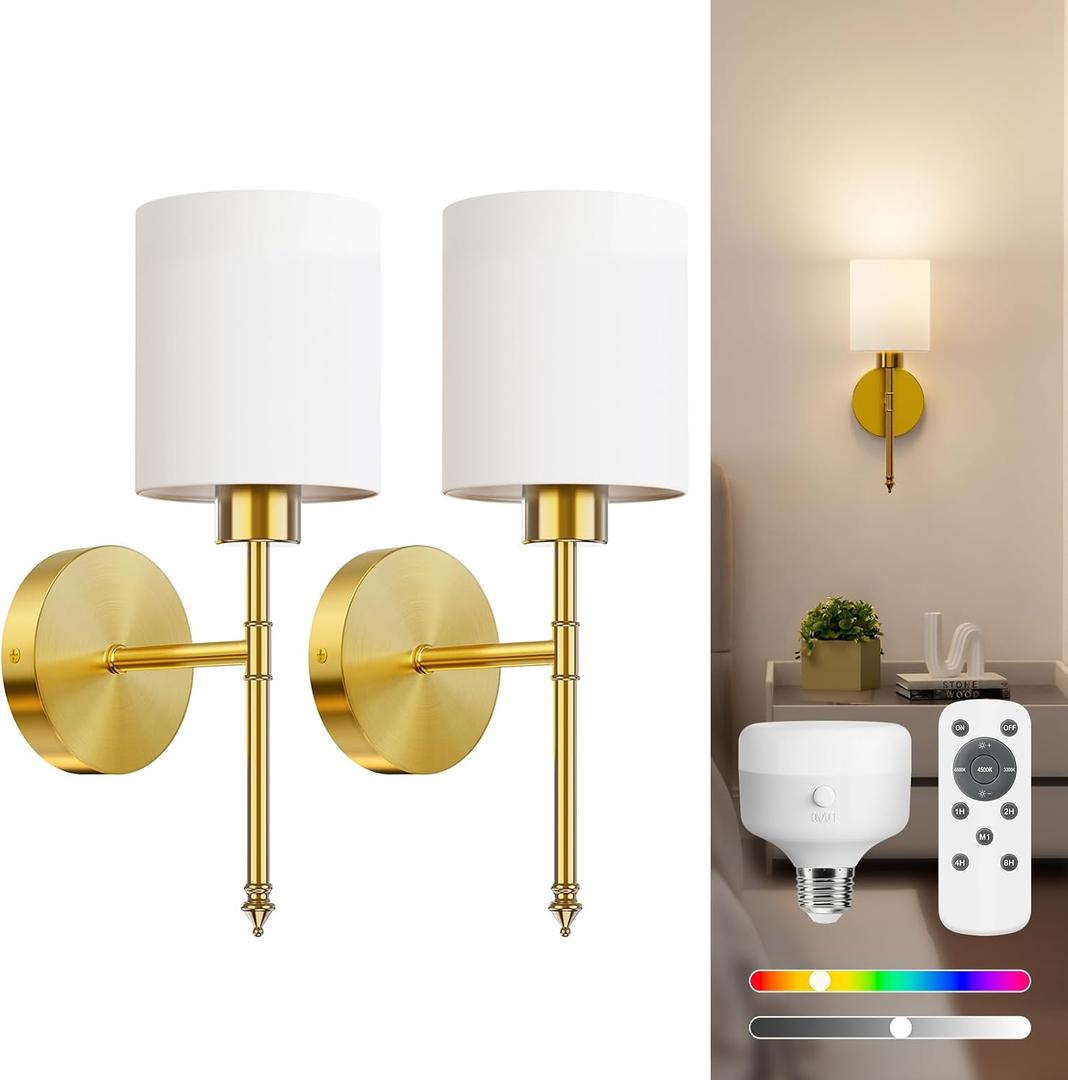 NIORSUN 15 inch Battery Operated Wall Sconce Set of 2, Gold Wireless Rechargeable Wall Lights with 5200mAh Dimmable Detachable Bulbs and Remote, 9 Colors Sconces Wall Decor for Bedroom Living Room