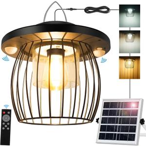 Solar Shed Lights with 2 Motion Sensors, Classic Metal Solar Chandelier Outdoor with 5 Lighting Modes, Waterproof Pendant Lamp with Remote Control for Barn, Gazebo, Garden, Patio(16.4FT Cord) (Cage 1 Pack)