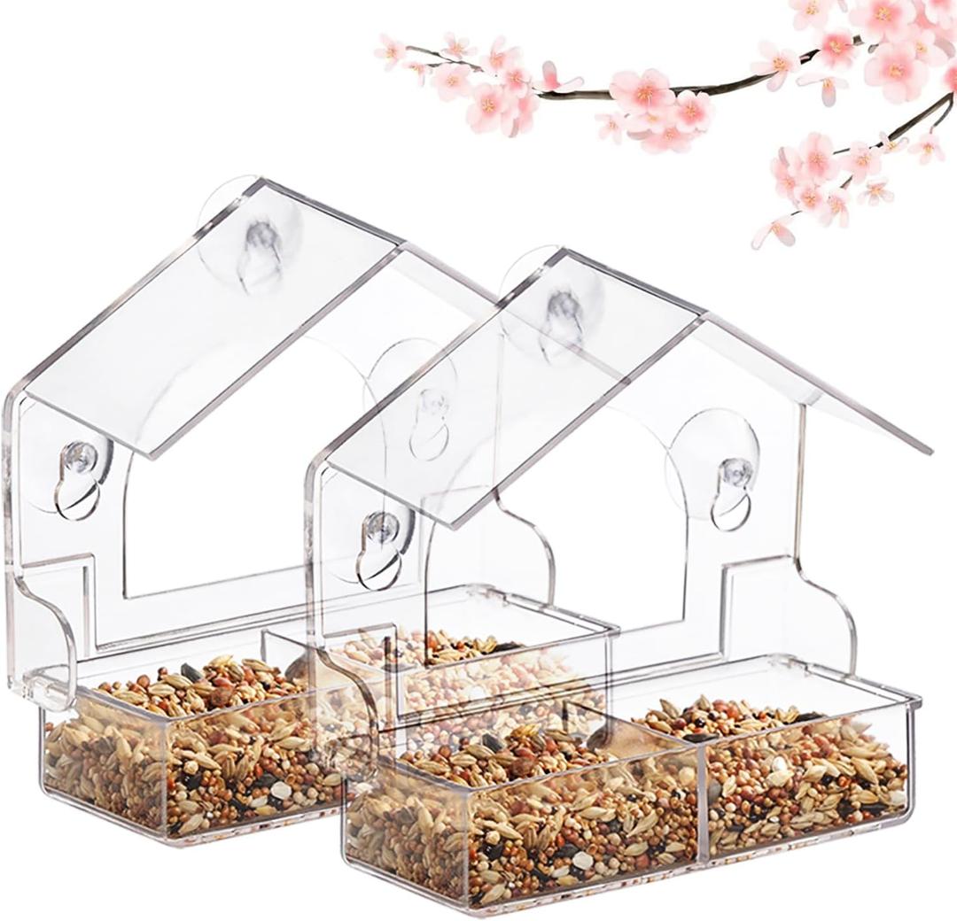 2PCS Window Bird Feeder with 4 Extra Strong Suction Cups, Clear Birdfeeders Bird House for Outdoors Window Viewing Outside, Removable Tray Birdhouse