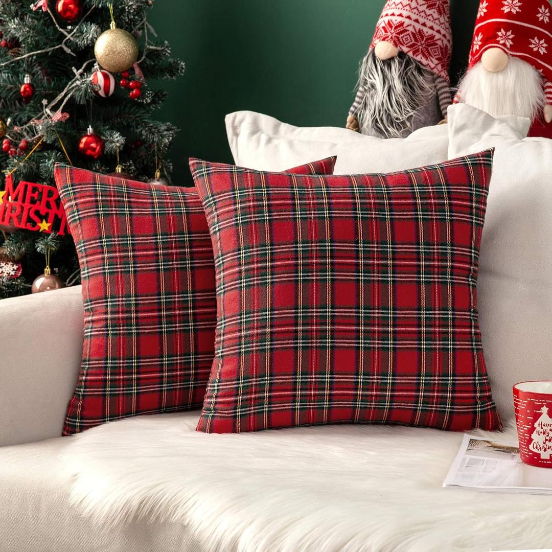 MIULEE Christmas Set of 2 Scottish Tartan Plaid Throw Pillow Covers Farmhouse Classic Decorative Outdoor Square Cushion Cases for Home Decor Sofa Couch 18x18 Inch, Red