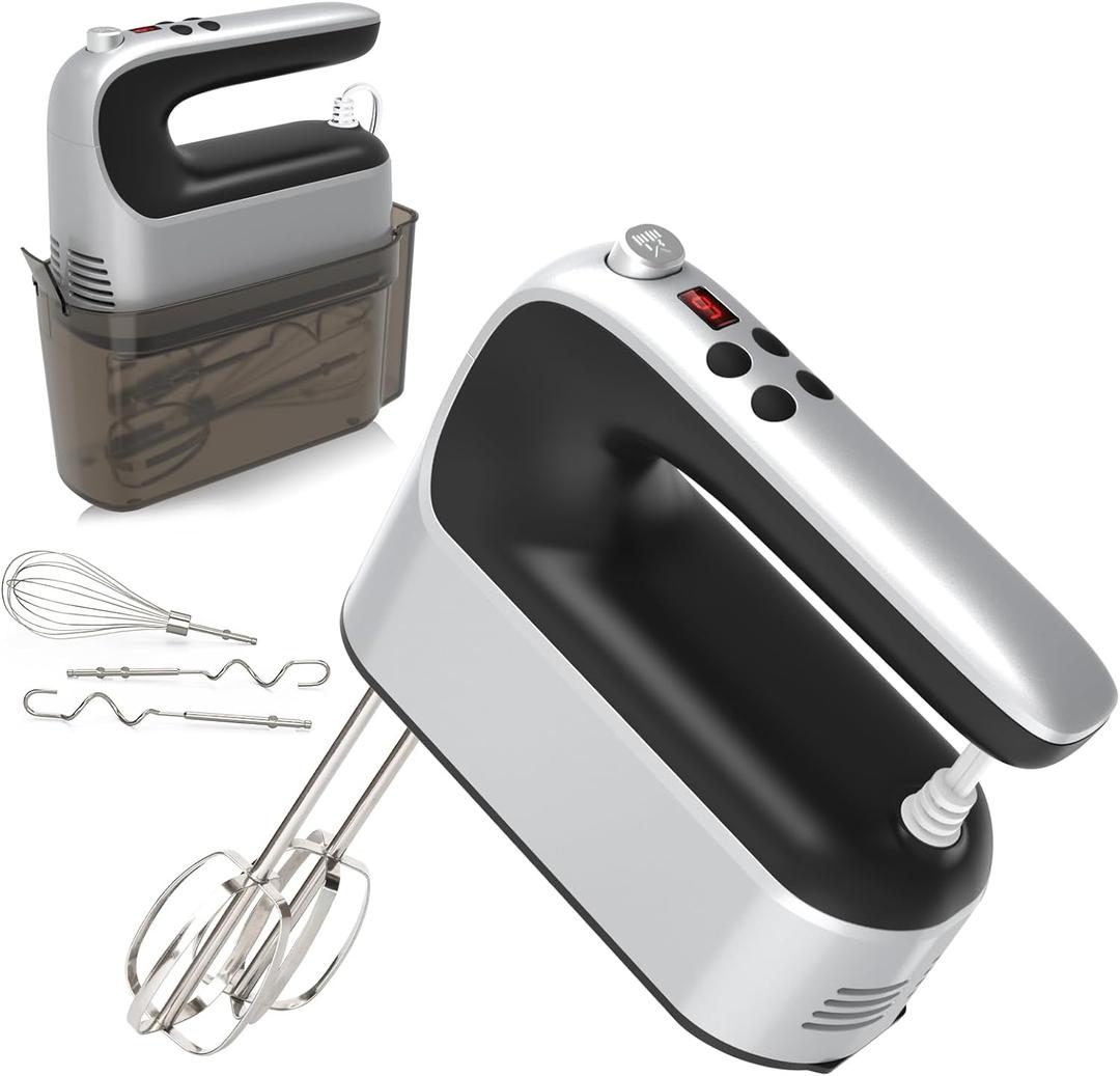 9-Speed Digital Hand Mixer Electric, 400W Powerful DC Motor Low Noise, Baking Mixer Handheld with Snap-On Storage Case, 5x Stainless Steel Accessories, Flat Beaters, Dough Hooks, Whisk (Silvery Black)
