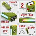 Granatan Rechargeable EDC Flashlight, 680 Lumens Waterproof Portable LED Flashlight with RGB Light, 10W USB-C Charging, Aluminum Alloy Magnetic Keychain Flashlight for Outdoor and Camping (Green)