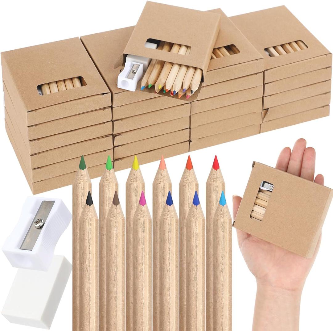 Sinload 24 Set Mini Colored Pencil Bulk for Kid 3.5in Colored Pencils for Coloring Drawing Bulk for Student Teacher 12 Color with Sharpener Eraser School Classroom Christmas Party Favors Gifts