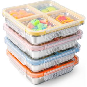 4 Pack Stainless Steel Snack Containers with Lids, 4-Compartment Leakproof Bento Snack Boxes, Reusable Dishwasher Safe Food Storage Containers for Adults, Office, Travel & Meal Prep (4pack-a)