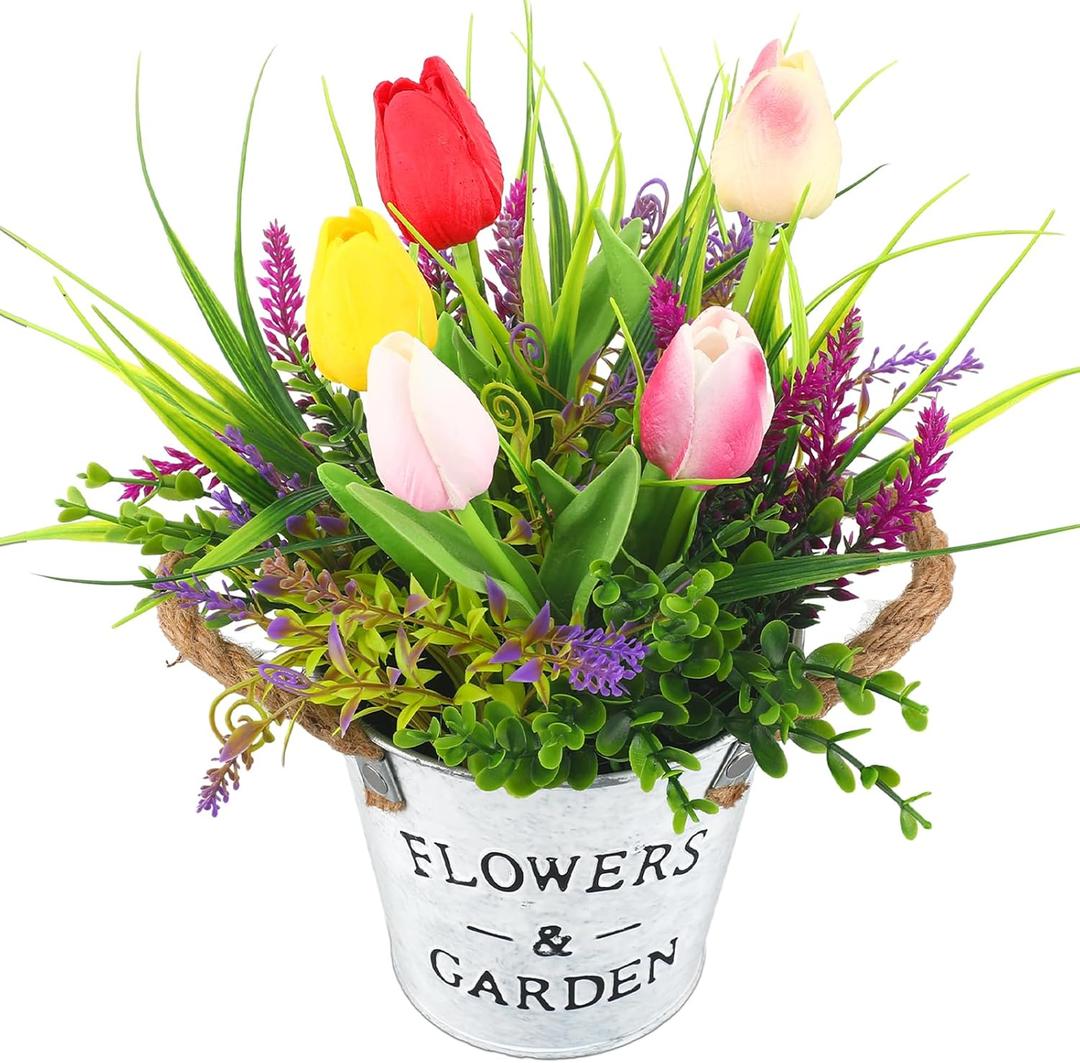 Spring Flower Table Centerpiece, 10" Tall Fake Tulips Lavender in Vase Farmhouse Floral Arrangement Artificial Potted Plants for Rustic Home Office Patio Decor Mother Gift