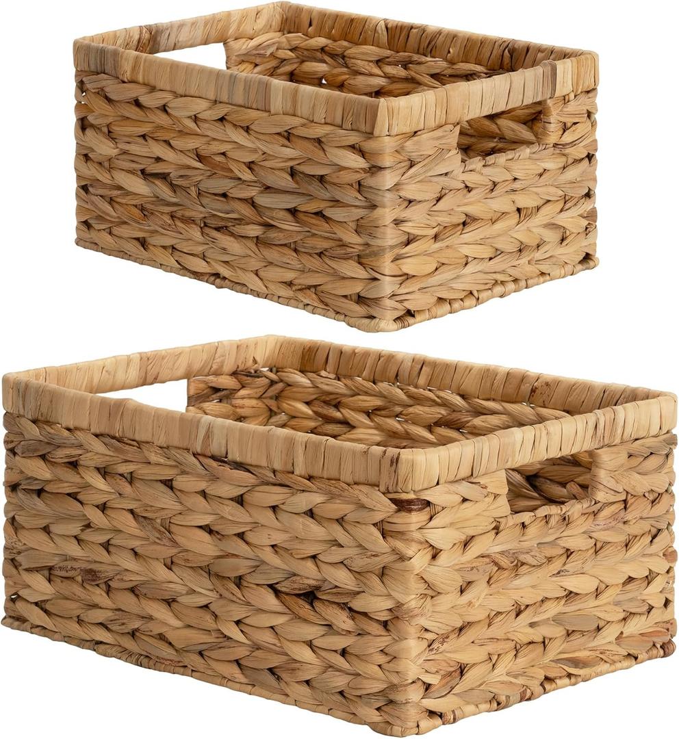 StorageWorks Wicker Storage Baskets, Large and Small Baskets, Handwoven Water Hyacinth Basket for Organizing, Decorative Organizers with Built-in Handles, Set of 2 (15"D x 11"W x 7"H + 13"D x 9"W x 6"H)