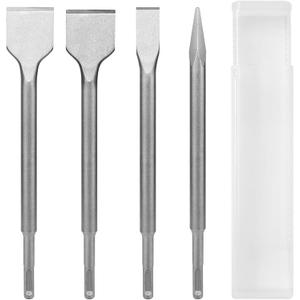 Heavy-Duty 4-Piece SDS Plus Chisel Bit Set - Alloy Steel Concrete Chisels for Demolition & Renovation - Flat, Wide, Pointed & 15 Tile Chisel (250mm/10")
