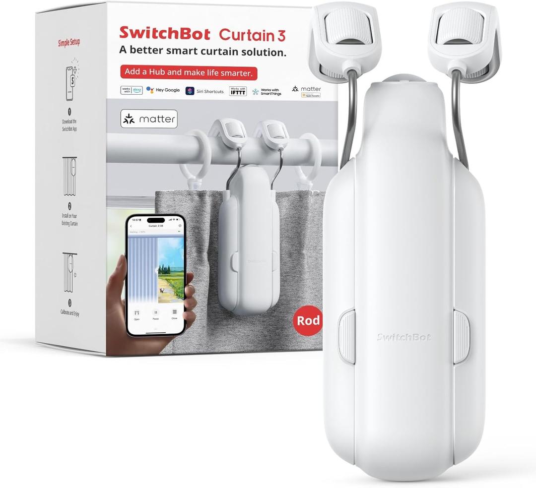 SwitchBot Automatic Curtain Opener - Bluetooth Remote Control Smart Curtain with App/Timer, Upgraded High-Performance Motor, Add SwitchBot Hub to Work with Alexa, Google Home, HomeKit