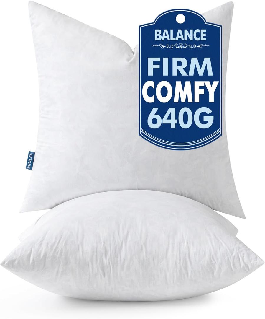 MIULEE Pillow Inserts 18x18 Inch Set of 2, Feather Mix Polycotton with Cotton Fabric Square Decorative Throw Pillows for Couch Bed Sofa