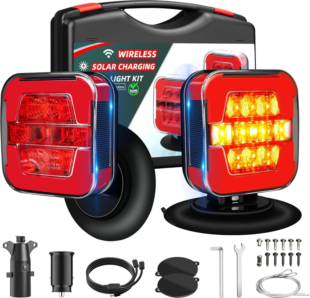 Solar Wireless Trailer Lights Kit, Magnetic LED Tow Lights with Brake Turn Tail Light Modes, 100FT Remote Signal, USB-C Rechargeable, IP67 Waterproof with Safety Rope for Boat Truck RV