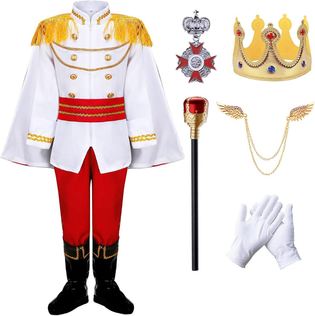 RuuYiicoco Boys Prince Charming Costume Cosplay Dress-Up Medieval Royal King Outfits for Kids (Red, 9-10 Years)