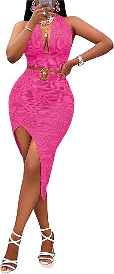 Womens 2 Piece Outfits Sexy Club Outwear Night Out Crop Top and Bodycon Skirt Set Dresses, L , Color Pink