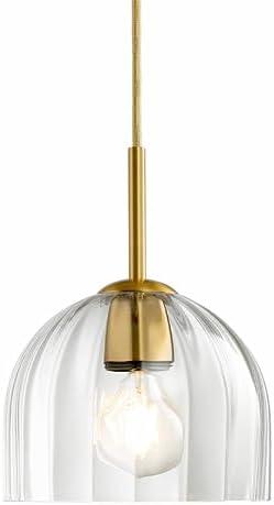 Lighten Chance Modern Pendant Light Kitchen Island, 7.86" Bell Lamp Shape Hanging Ceiling Lighting Fixture with Clear Striped Glass Lampshade Dining Room, Warm Brass Finish