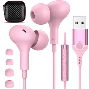 USB Headphones with Microphone for Laptop,7.5ft Magnetic Wired Earbuds Noise Canceling in-Ear Earphones with Mute Mic Volume Control Stereo Bass for PC Desktop Dell HP Acer Laptop,School,Women/Girl (Rose-Pink)