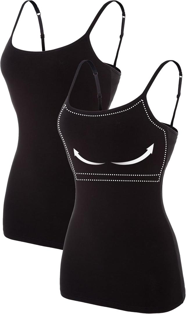 ATTRACO Women's Cotton Camisole Shelf Bra Spaghetti Straps Tank Top (Medium, #1 Black/Black)