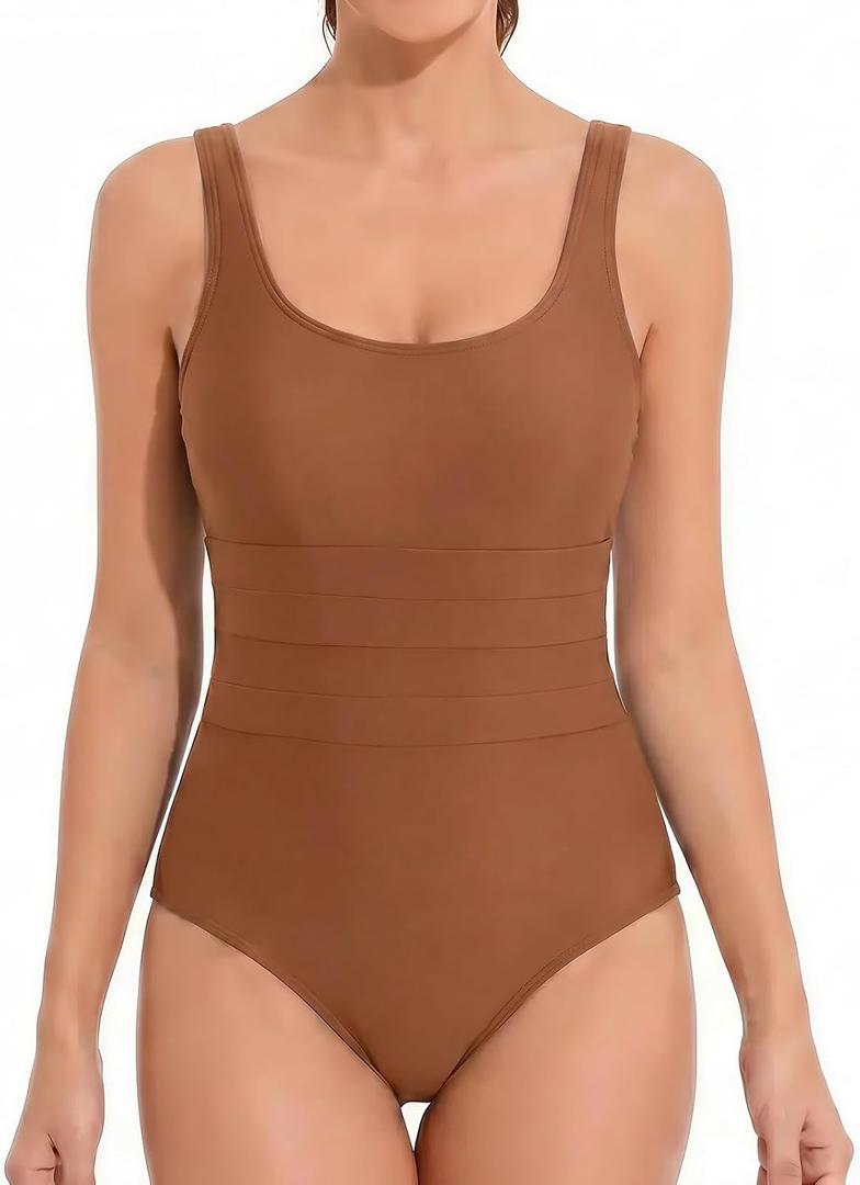 One Piece Swimsuit for Women Athletic Slimming Bathing Suit with Racerback, Comfortable Fit for Swimming & Beach (Brown, S)