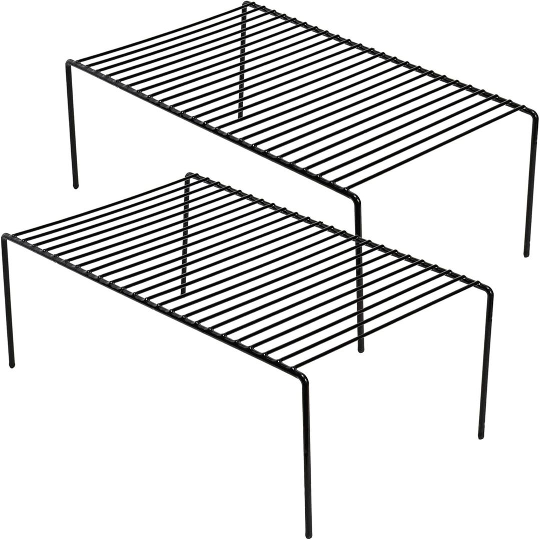 iPEGTOP Kitchen Cabinet Storage Shelf Rack, Set of 2 Large (15.7 x 9.4 Inch) Rustproof Metal Wire Shelves Spice Shelf Rack Cupboard Organizer for Pantries Countertops Utensils Organization, Black
